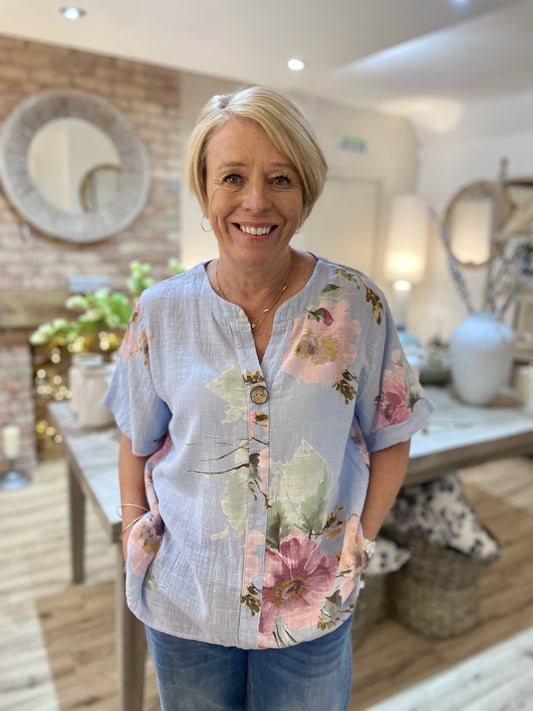 Light Blue Floral Print Notch Shirt