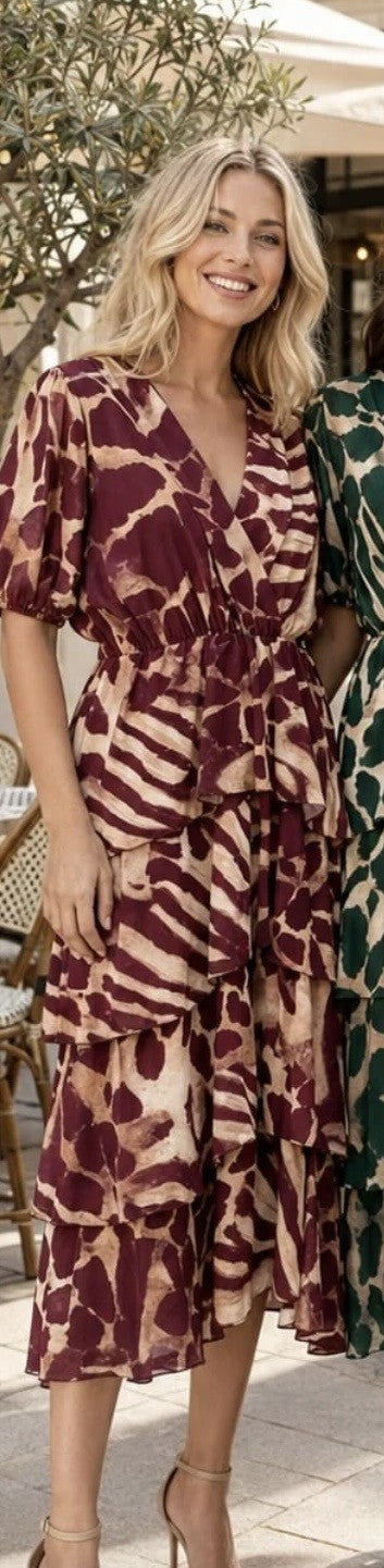 Lola Burgundy Short Sleeved Printed Layered Midi Dress