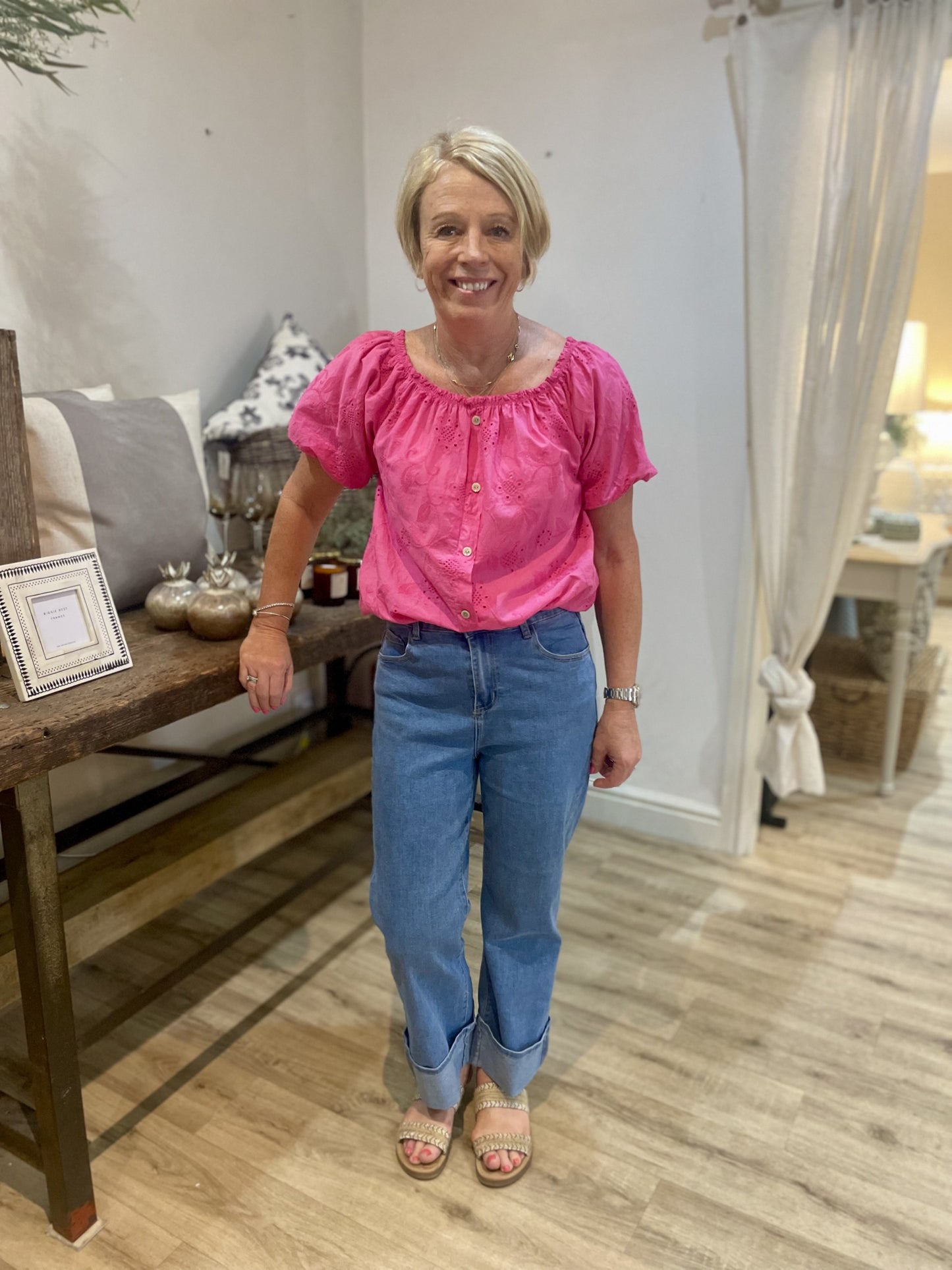 Fuschia Broderie Bardot Top