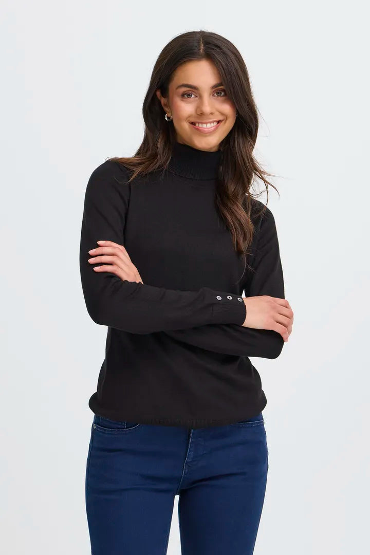 Clia Black Rollneck Jumper with Button Sleeves