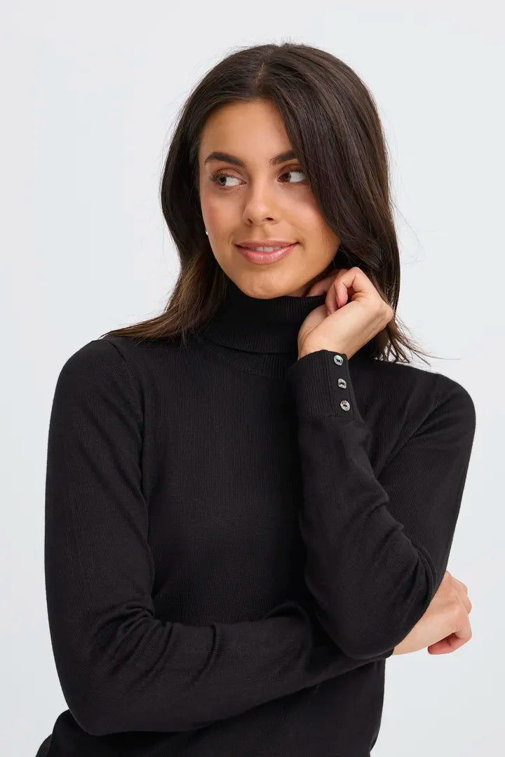 Clia Black Rollneck Jumper with Button Sleeves