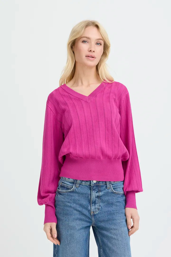 Fuchsia Morla V Neck Pointelle Jumper