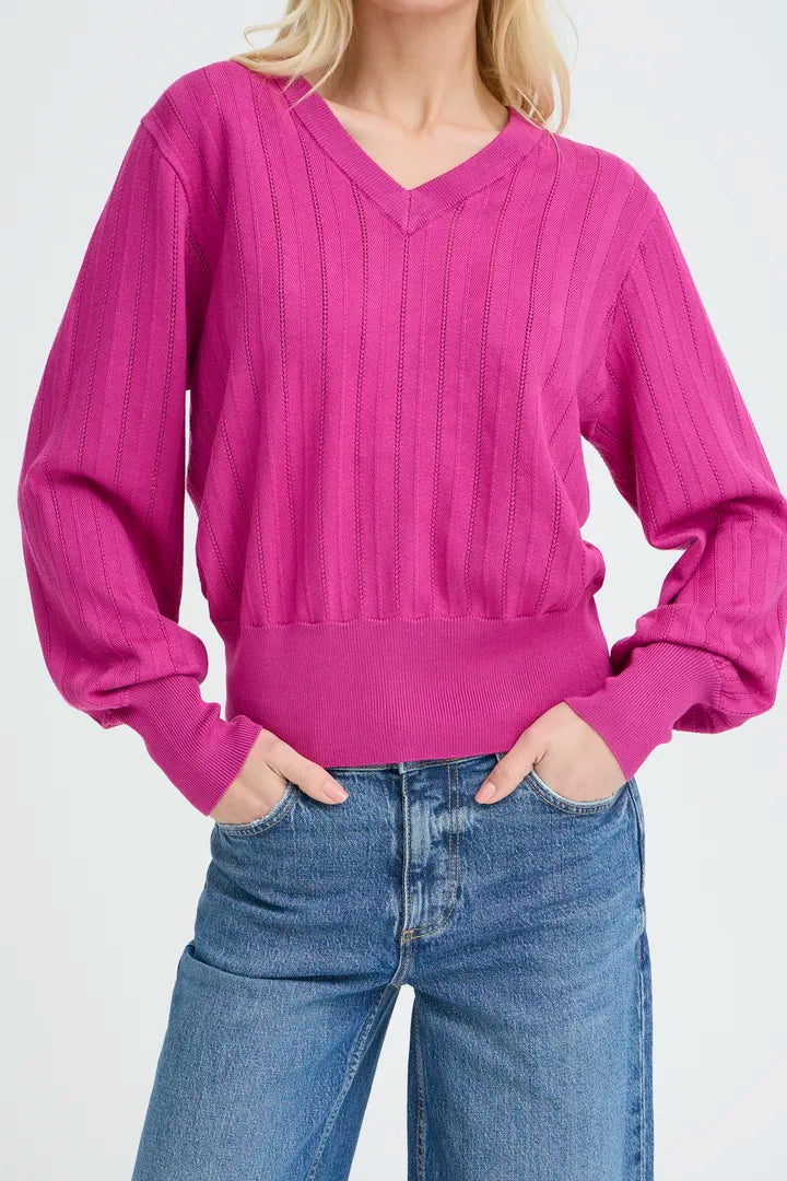 Fuchsia Morla V Neck Pointelle Jumper