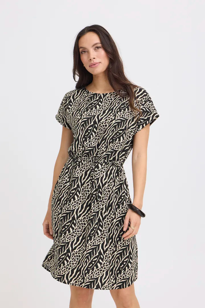 Black & Cream Print Joella Boat Neck Dress