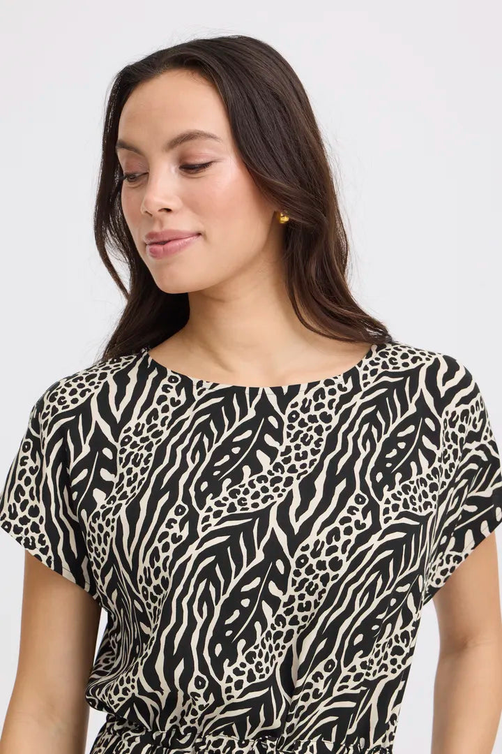 Black & Cream Print Joella Boat Neck Dress