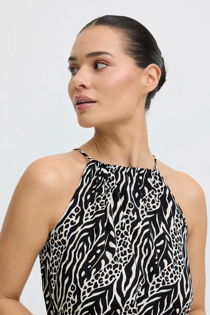 Black & Cream Print Halterneck Maxi Dress