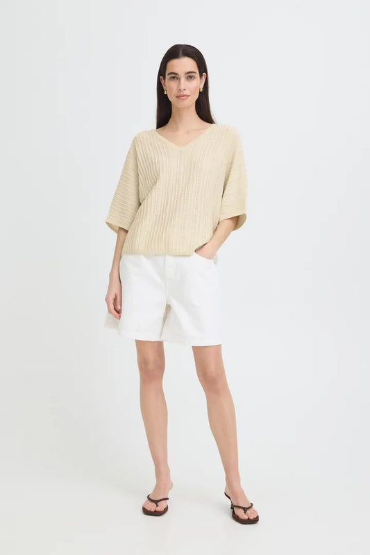 Cream Mobbe V Neck Lightweight Jumper