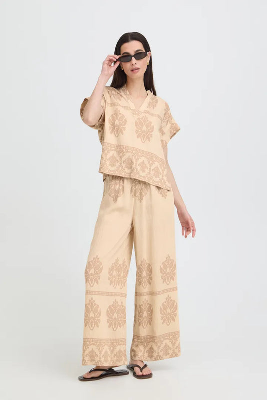 Jayce Beige Printed Wide Leg Trousers