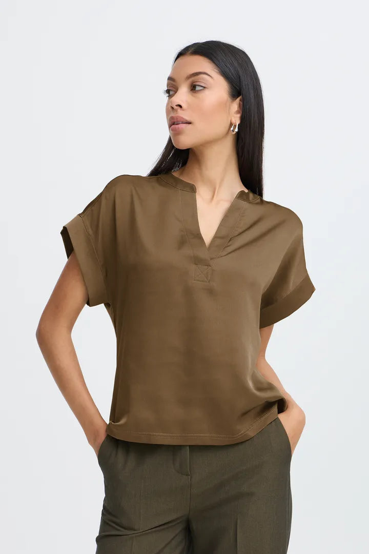Khaki Selita V Neck Blouse