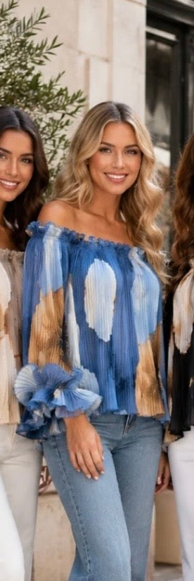 Blue & Brown Printed Off The Shoulder Top