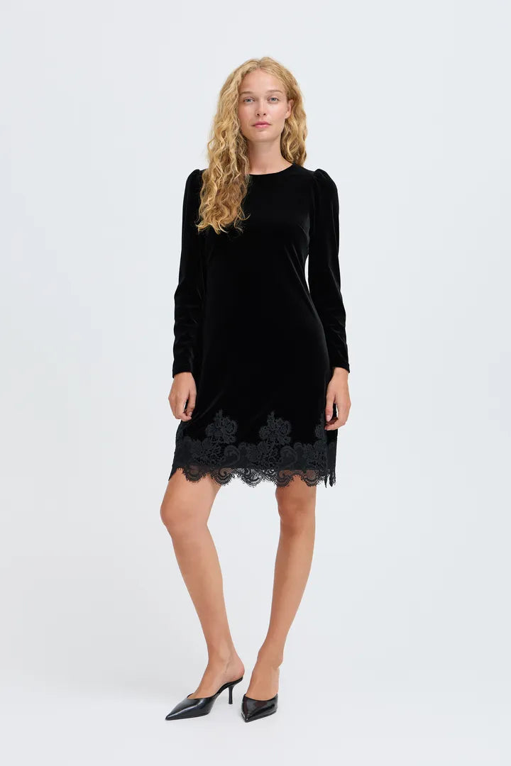 Black Velvet Perlina Lace Hem Dress