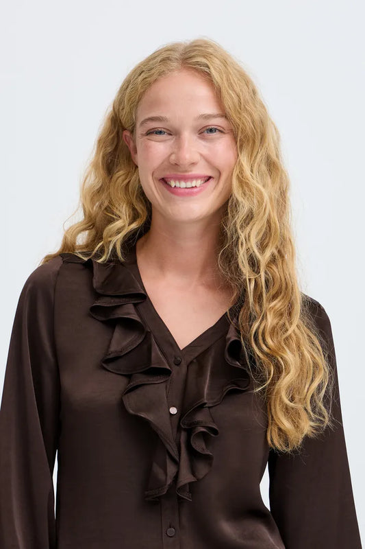 Chocolate Brown Yisa Ruffle Neck Blouse