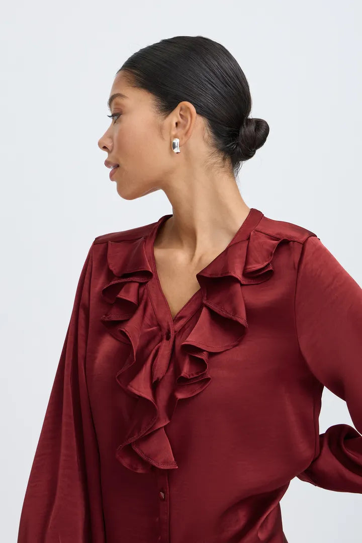 Red Yisa Ruffle Neck Blouse