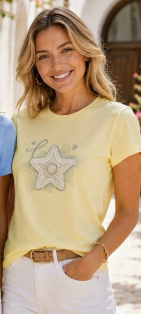 Yellow Crochet Sequin Pearl Star T-Shirt L/XL