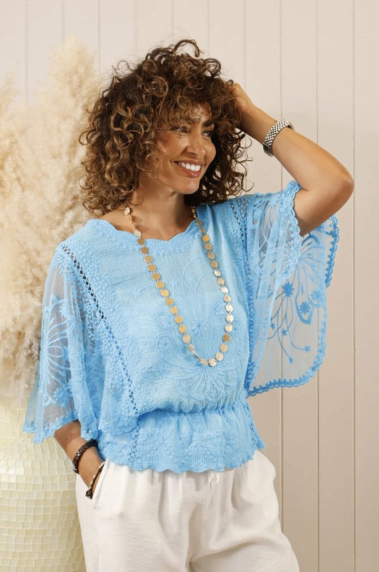 Turquiose Embroidered Elastic Waist top