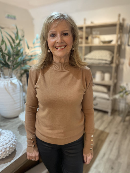 Camel Gold Button Soft Turtle Neck Fine Knit