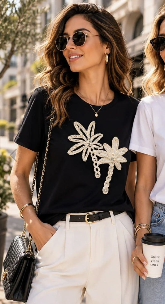 Palm Tree Embroidered Black T‑Shirt