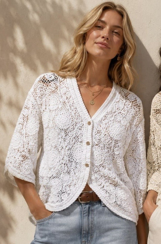 White Cotton Crochet Cardigan