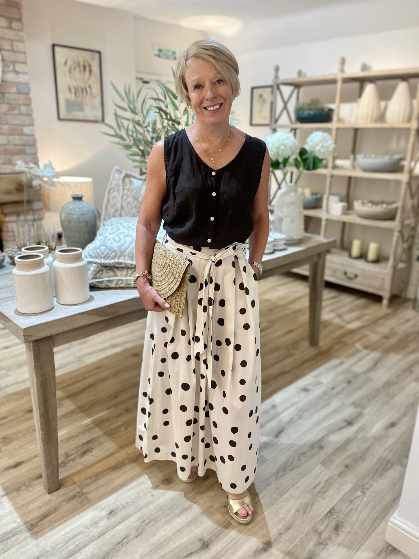 Cream Cotton Tie Polka Dot Skirt