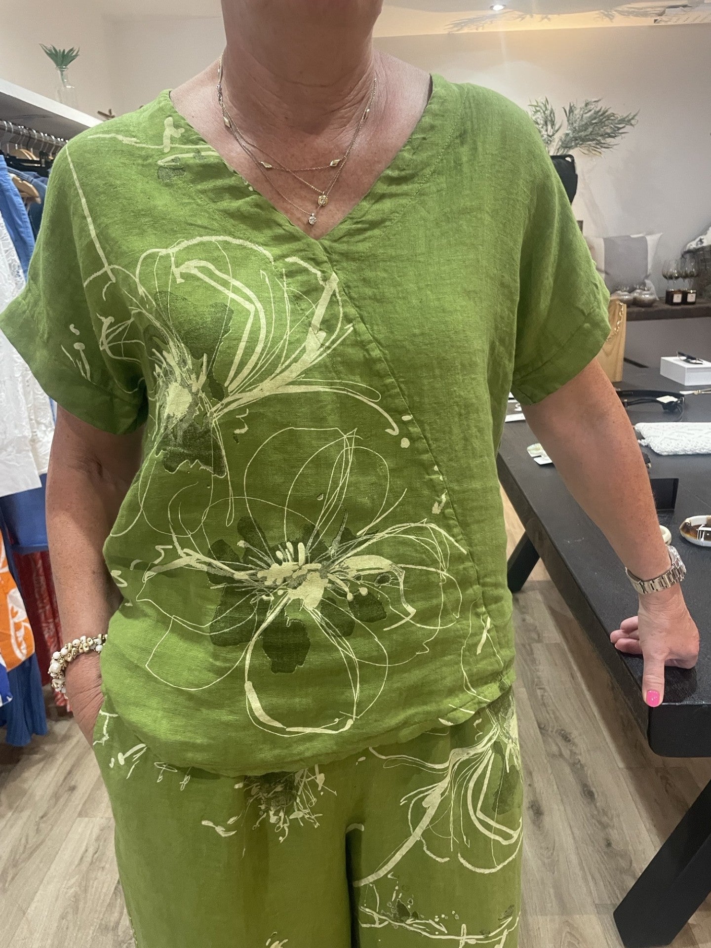 Lime Green Floral Print V Neck Linen Top