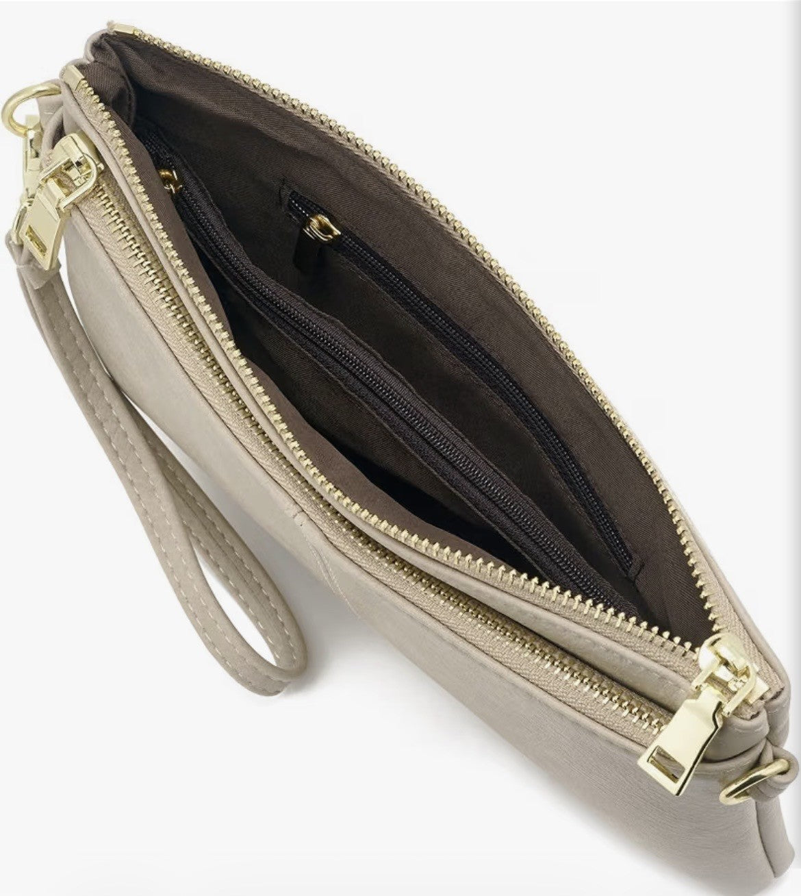 Beige Zip Faux Leather Clutch Bag