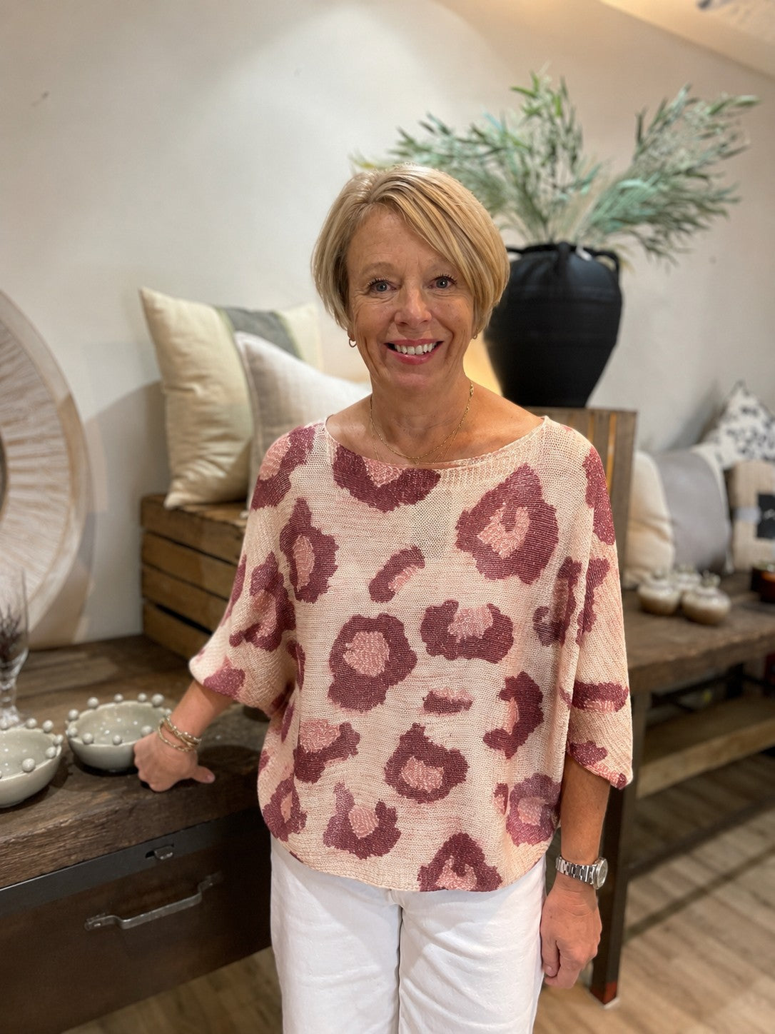 Pink Flower Print Mesh Top