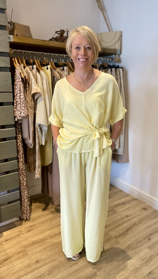 Lemon Hessian Plain Wide Leg Trouser