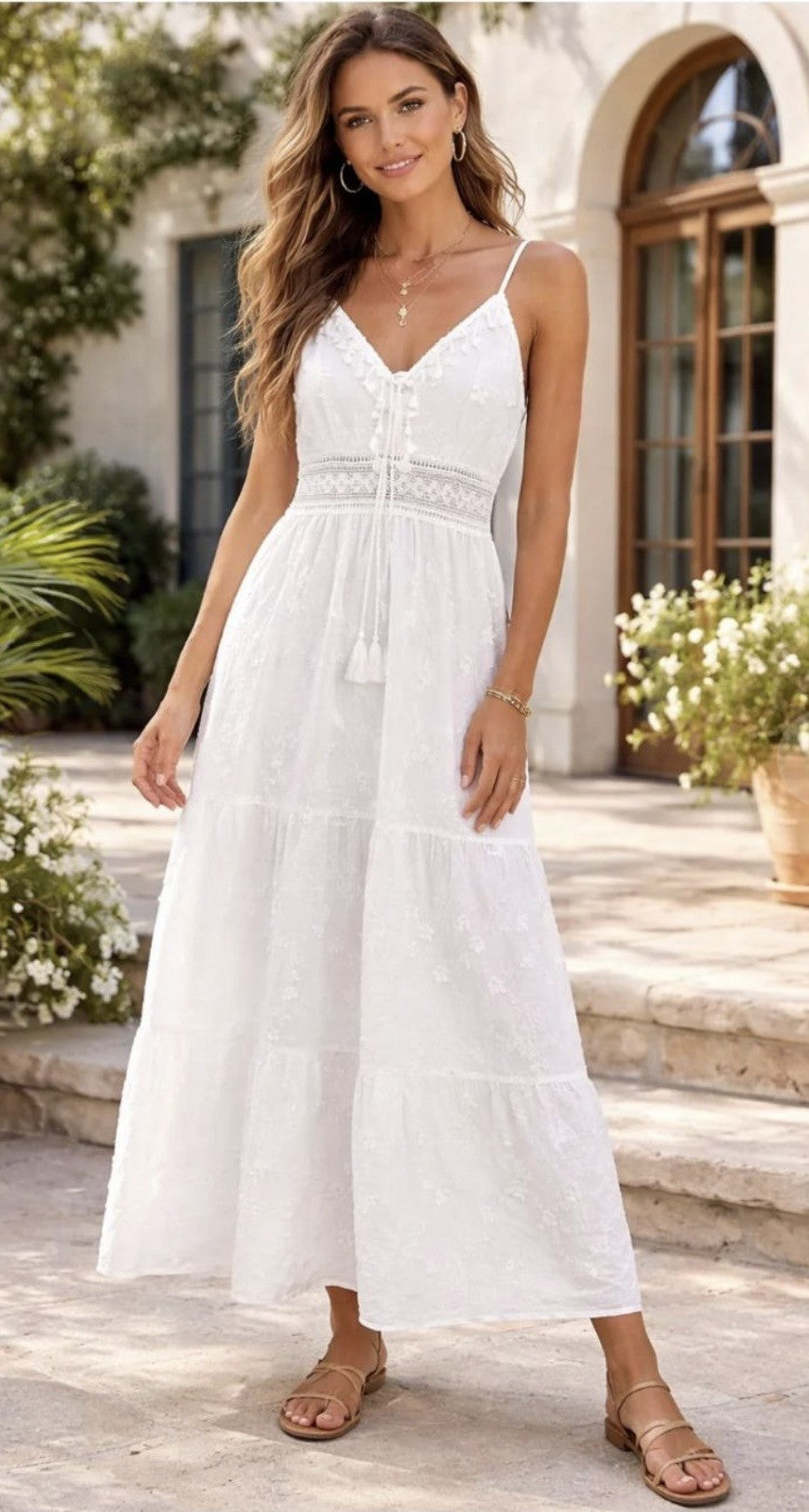 White V Neck Strappy Embroidered Detail Maxi Dress