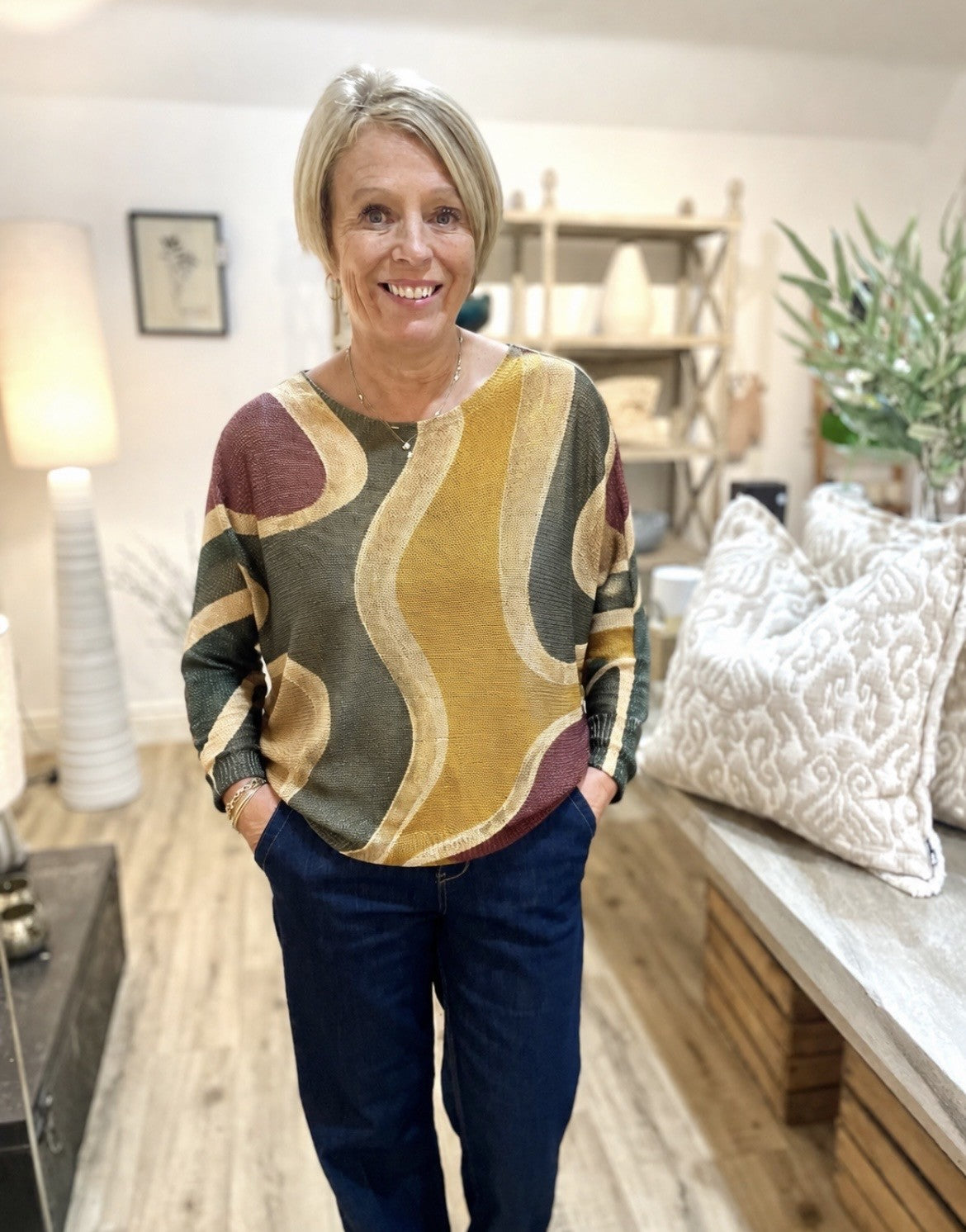 Khaki Abstract Print Mesh Top