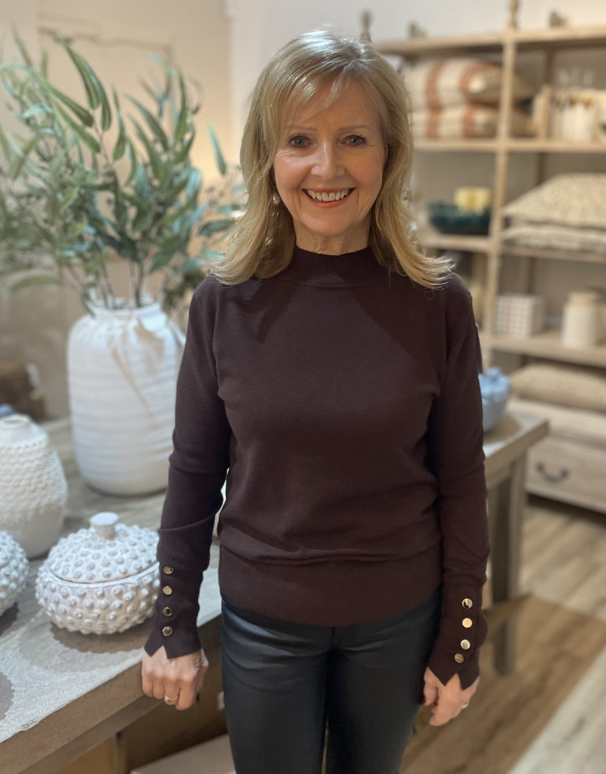 Chocolate Gold Button Soft Turtle Neck Fine Knit