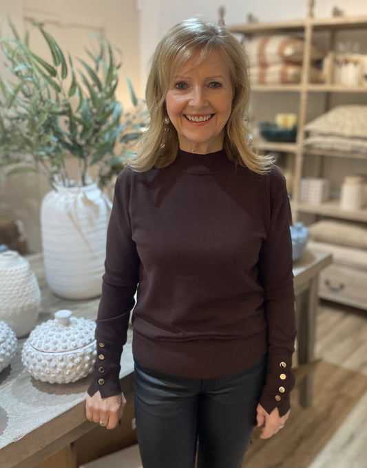 Chocolate Gold Button Soft Turtle Neck Fine Knit