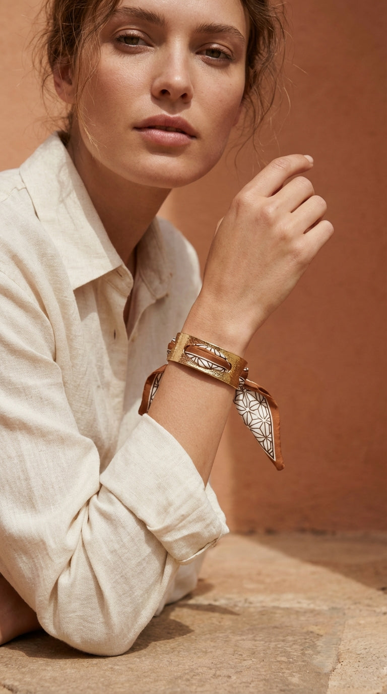 Gold bangle bracelet with a tan patterned silk scarf tie with rope print.