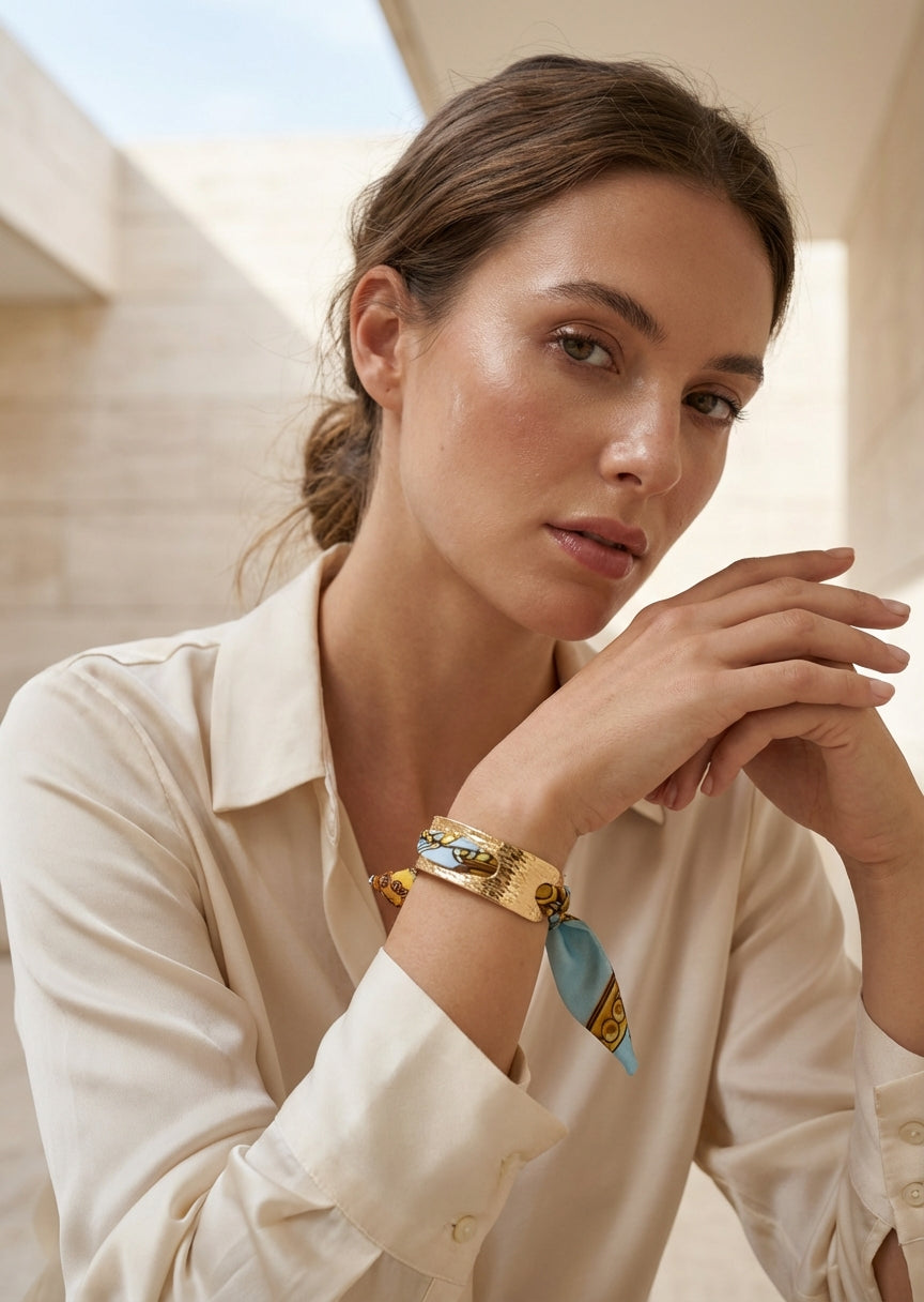 Gold bangle bracelet with a blue patterned silk scarf tie with rope print.