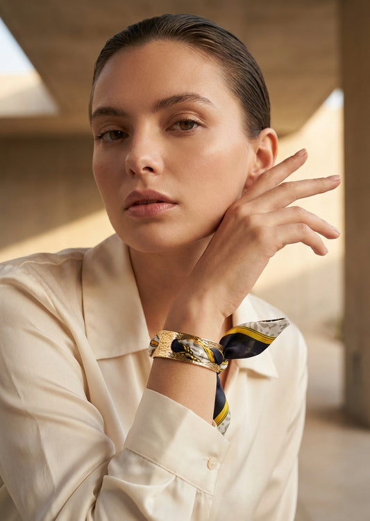 Gold bangle bracelet with a black/yellow patterned silk scarf tie with rope print.