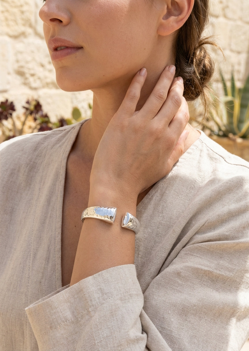 Envy Hammered silver open‑cuff bracelet