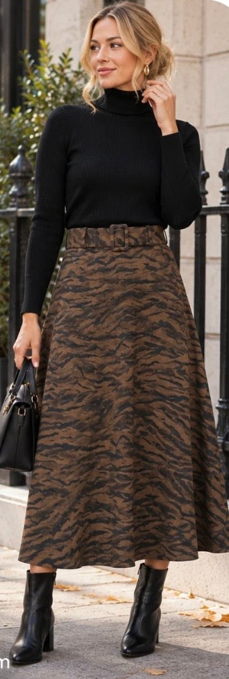 Brown & Black Animal Print Suedette A Line Skirt
