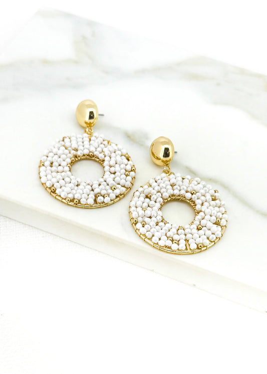 Envy Gold and white bead ornate circle drop earrings