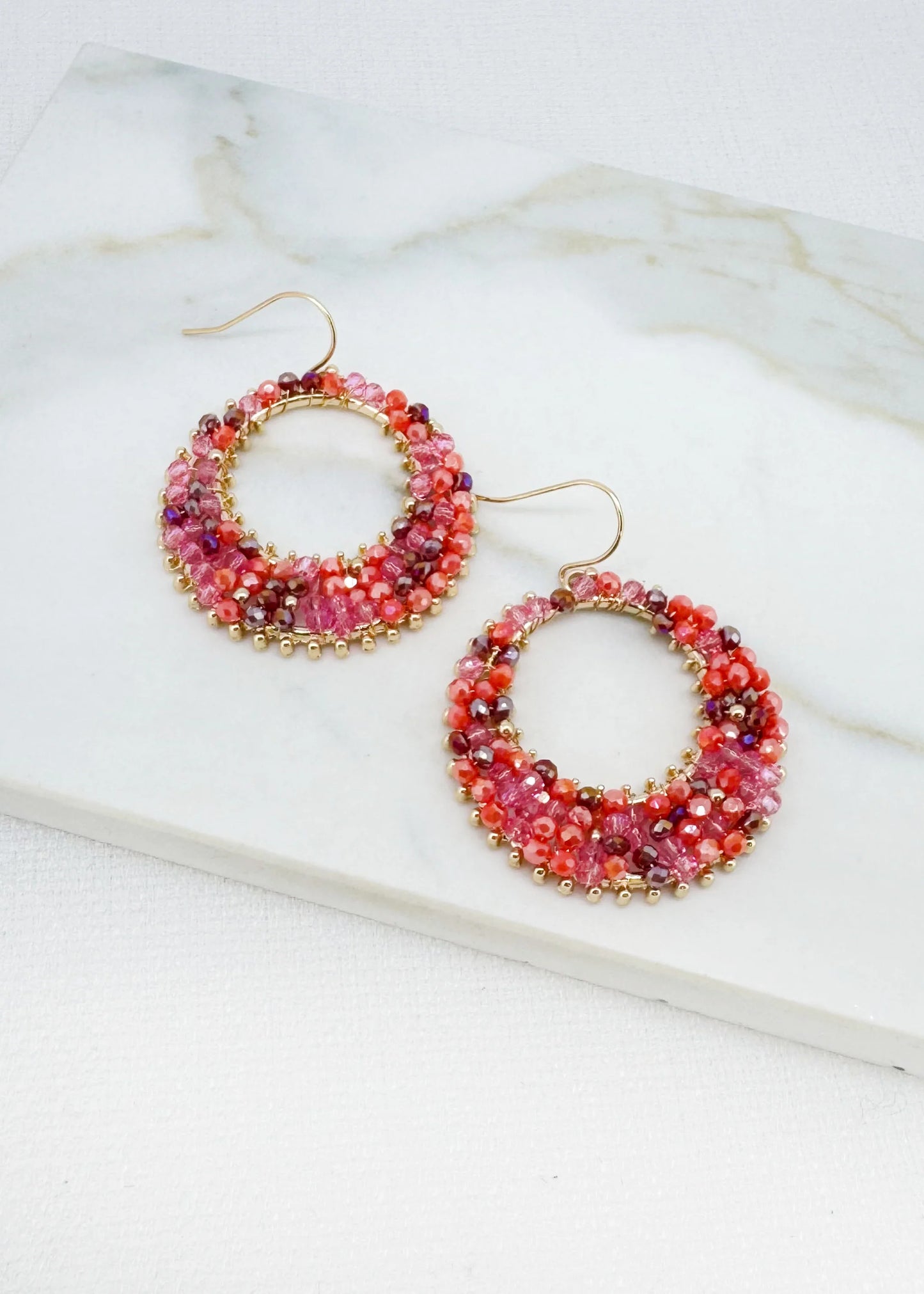 Envy Gold round pink and orange faceted bead earrings