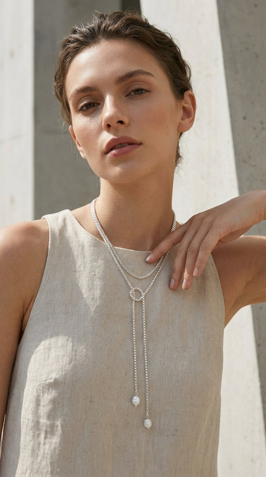 Envy Silver Layered Necklace with Pearl Accents