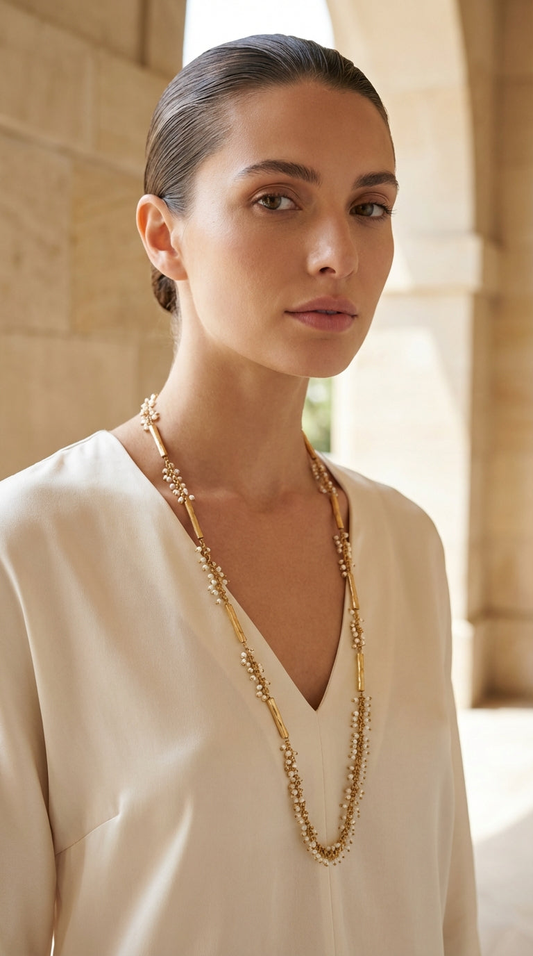 Envy Gold & White Bead Cluster Long Necklace