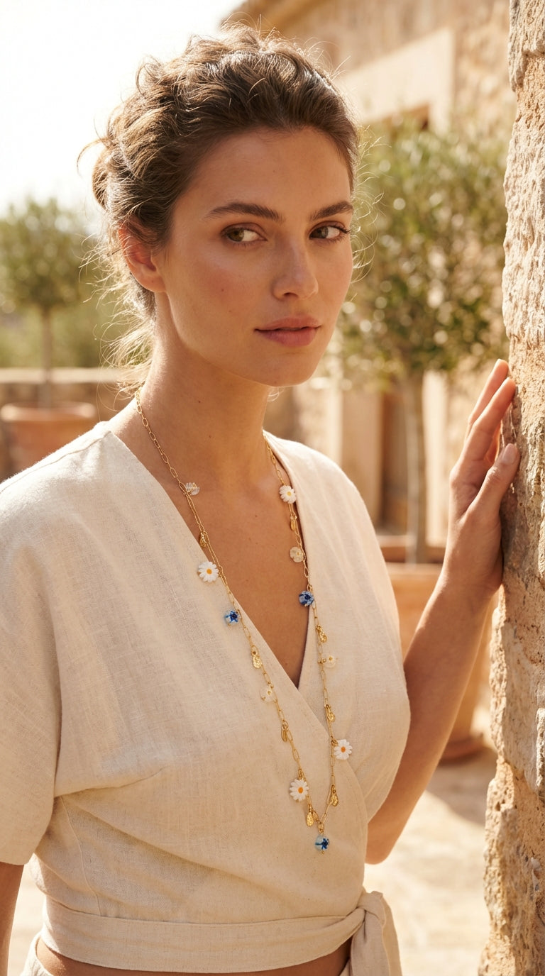 Envy Long Gold Necklace with Blue & White Daisy Floral Charms