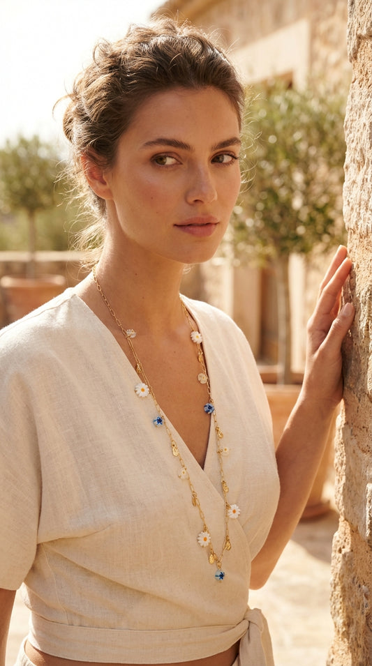 Envy Long Gold Necklace with Blue & White Daisy Floral Charms