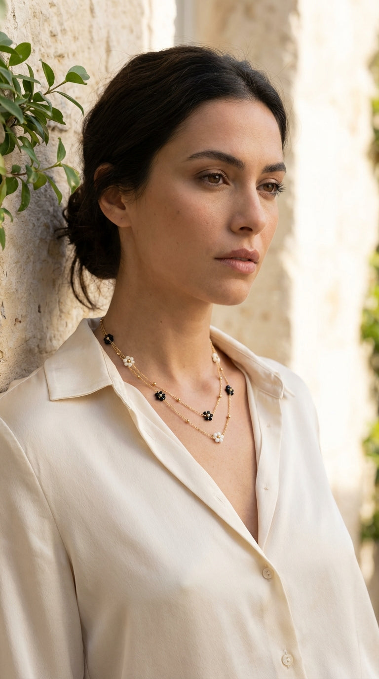 Envy Gold Black & White Daisy Layered Short Necklace