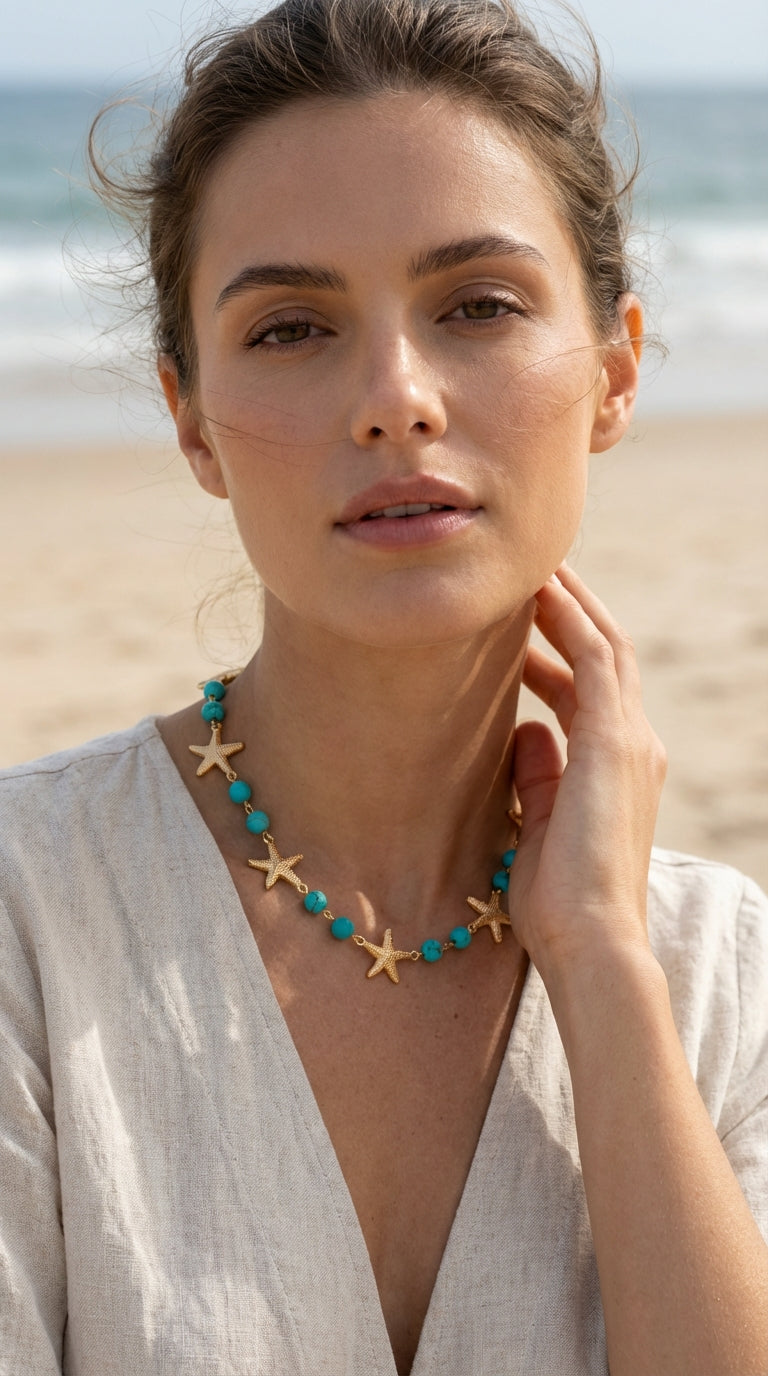Envy Gold starfish and turquoise bead short necklace