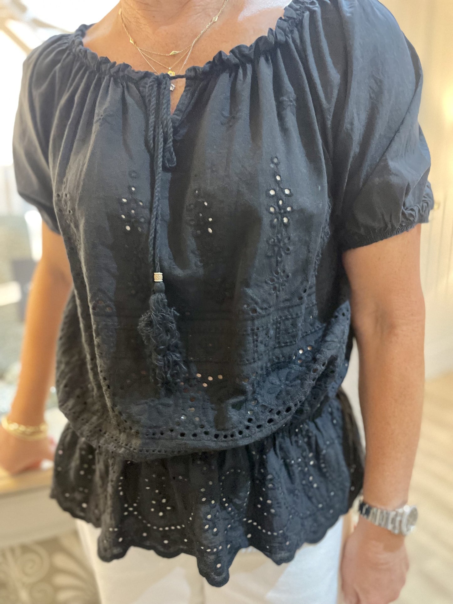 Black Broderie Anglaise Elasticated Waist Top