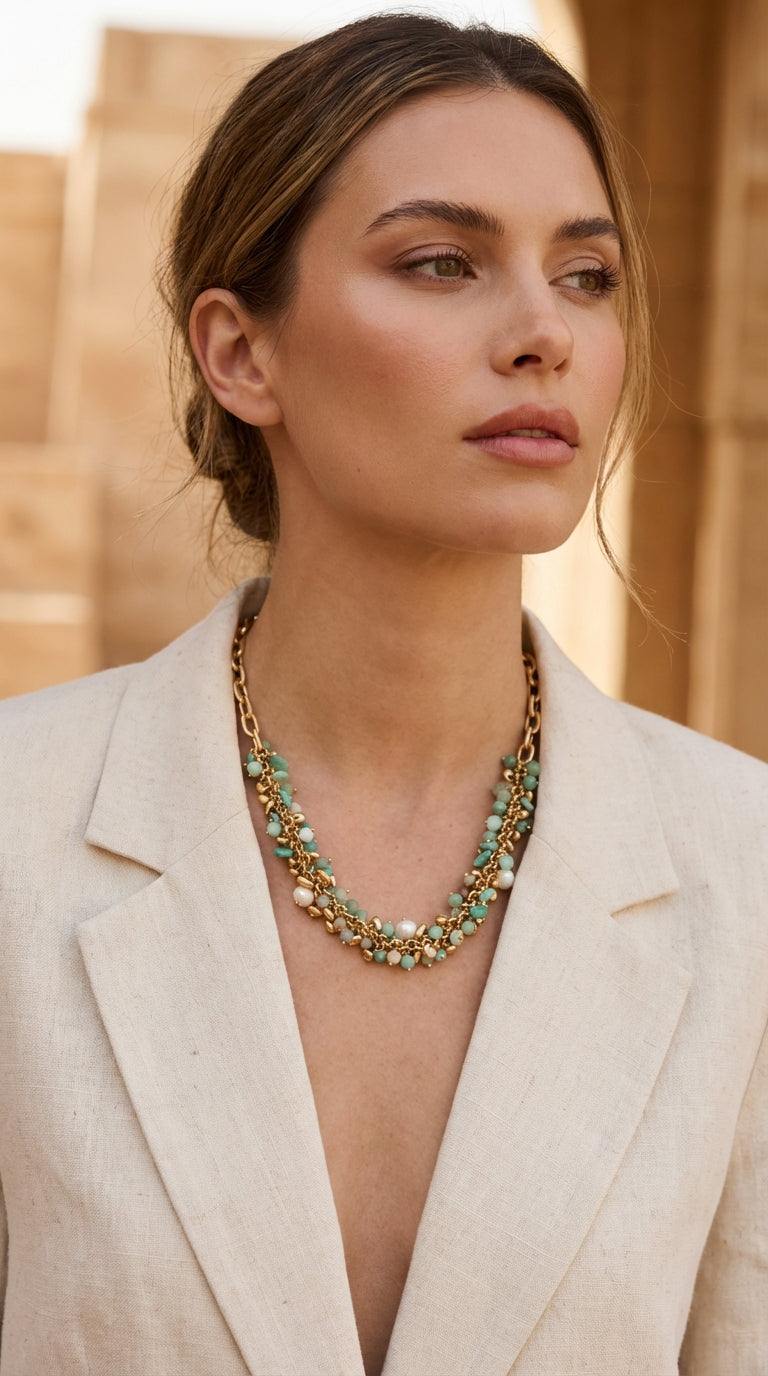 Envy Light Green Cluster Bead/Gold Necklace