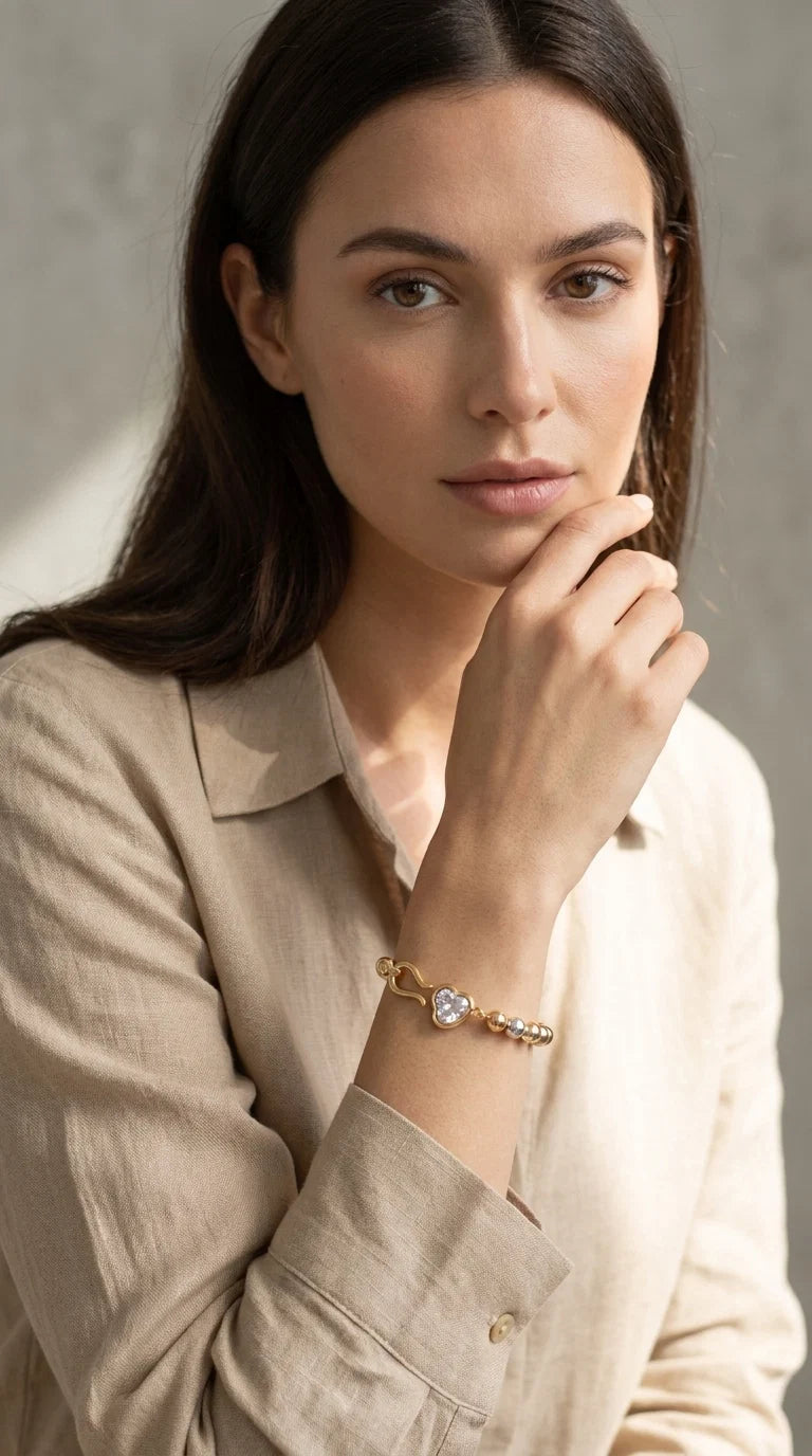 Two Tone Beaded Bracelet with Crystal Charm