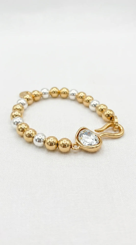 Two Tone Beaded Bracelet with Crystal Charm