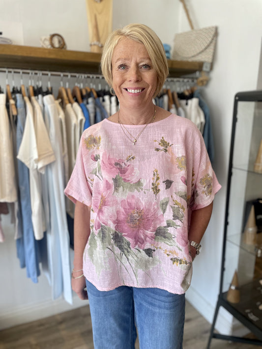 Pale Pink Floral Linen Blend Top