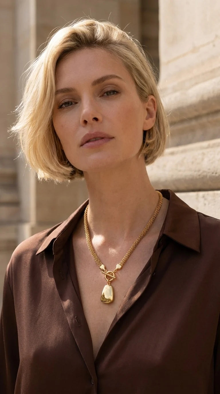 Short Gold Mesh Chain Necklace with T-Bar & Gold Pendant